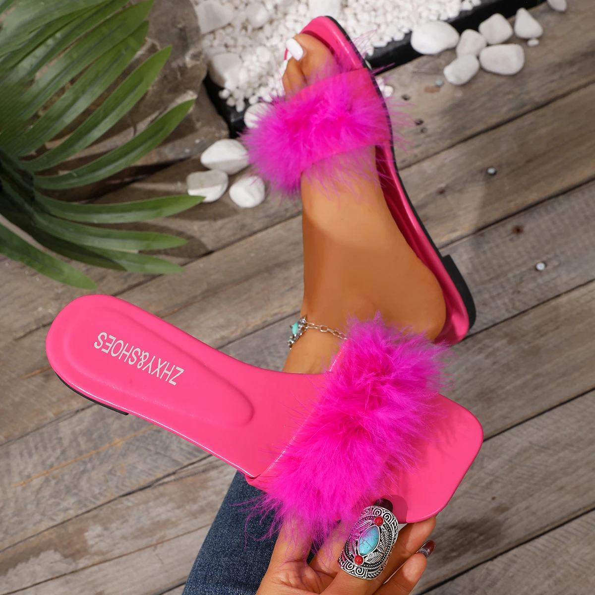 

Женские модные меховые тапочки-слипоны для свадьбы, с квадратным носком, легкие, роскошные, пушистые, с открытым носком, женские шлепанцы