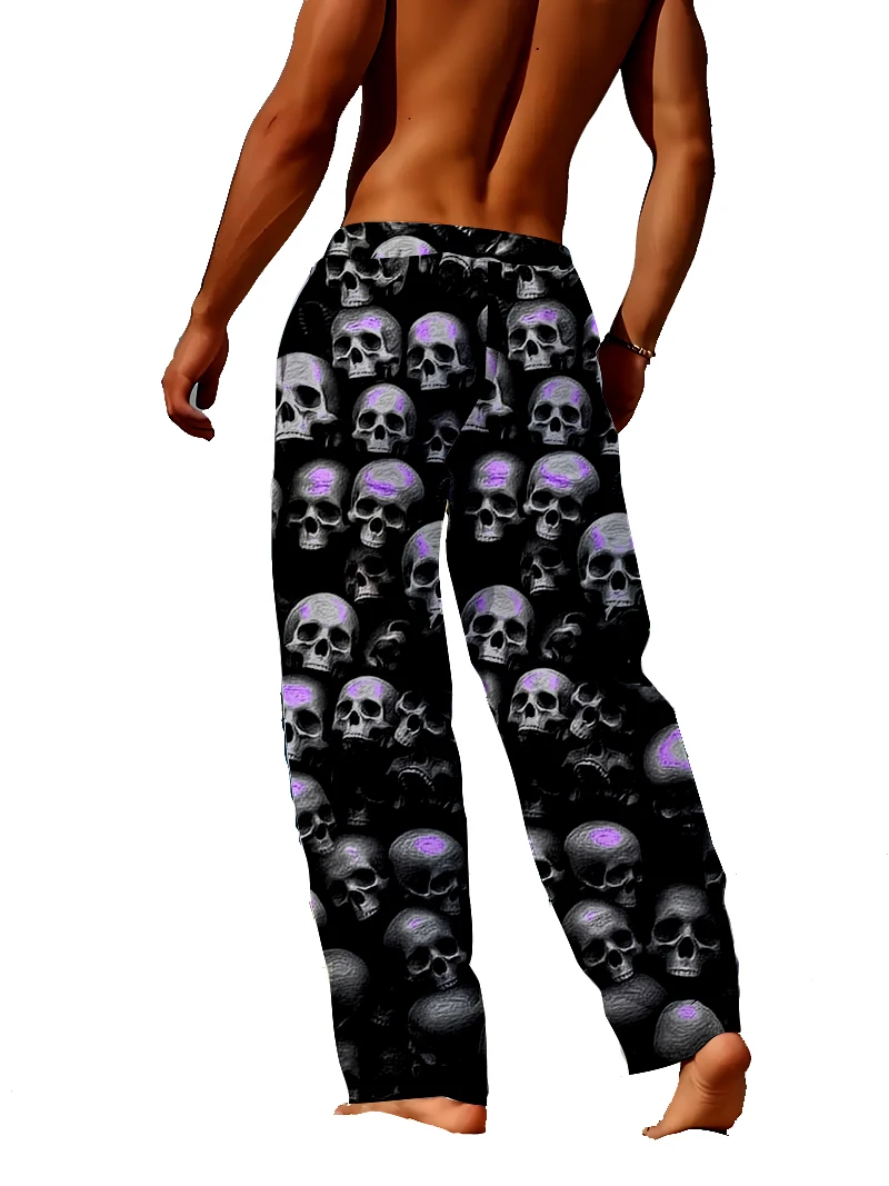 Bold Men\'s Skull 3D Printed Sleeper Pants Ice Silk Air Conditioning Home Skin friendly Sleeper Pants Can Be Wearing Externally