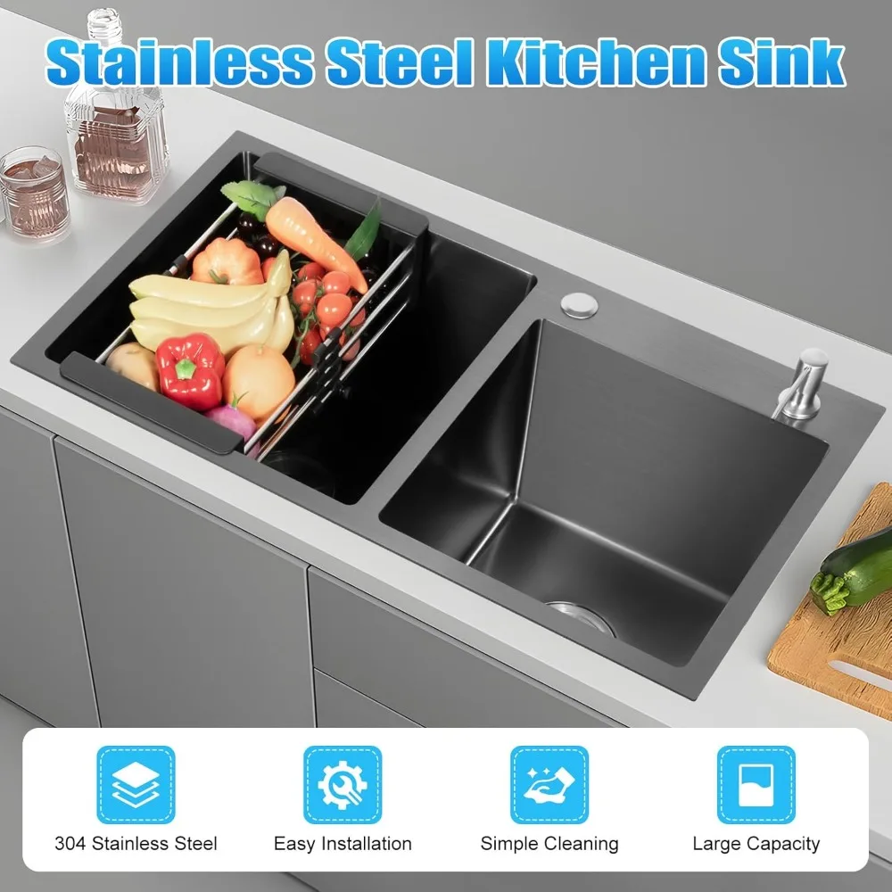 Stainless Steel Double Sink 78 x 43 x 22 cm Kitchen Sink with Draining Board Durable Stylish Kitchen Sink Black