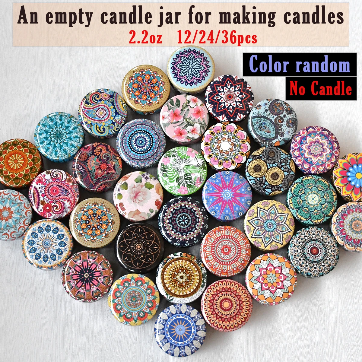 36 latas vacías de vela de hojalata vintage, 60 estilos de patrones de estampado floral de alta calidad enviadas al azar: contenedores redondos DIY