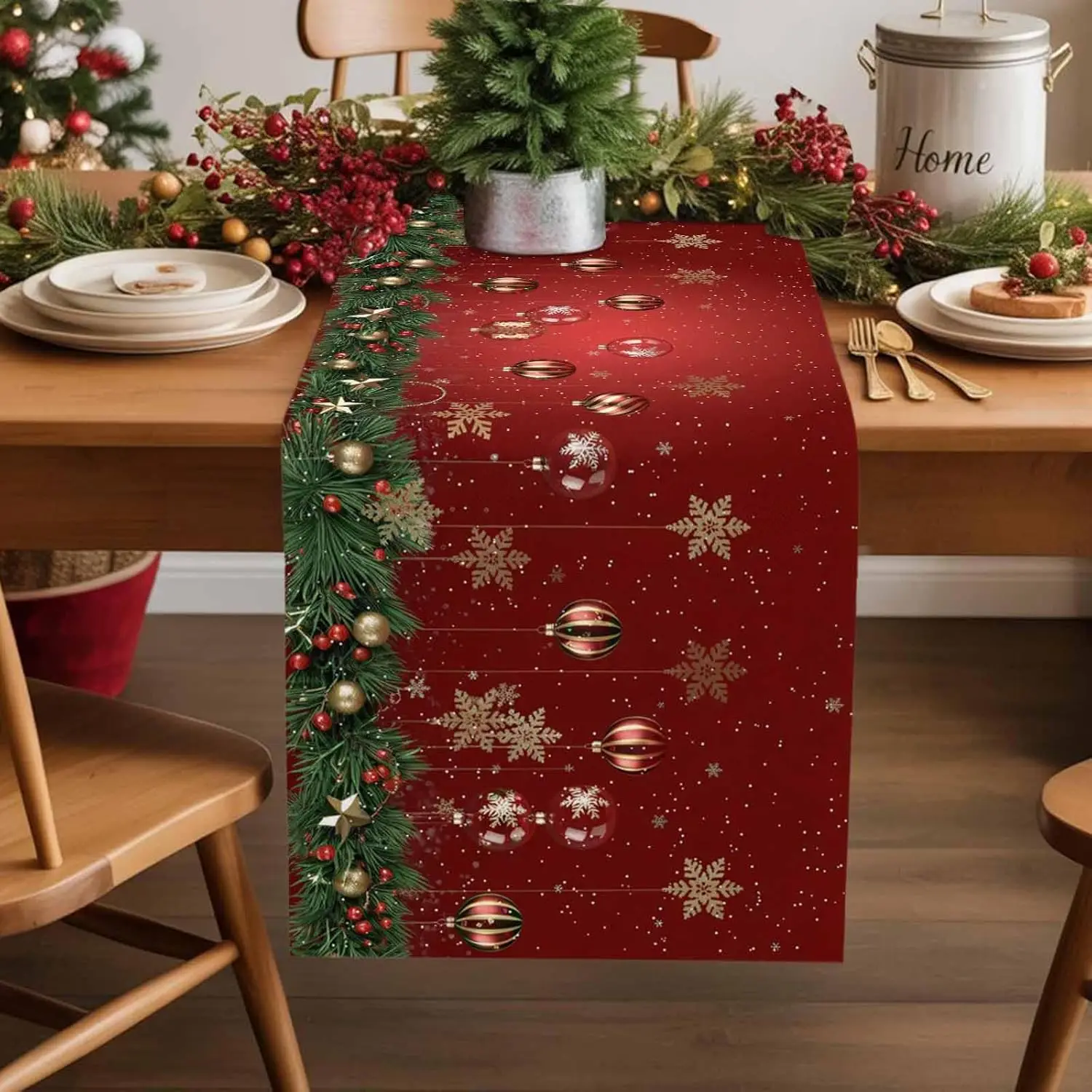 Christmas Snowflakes Pine Needle Xmas Balls Table Runner Party Decor Reusable Kitchen Dining Table Runner Christmas Decorations