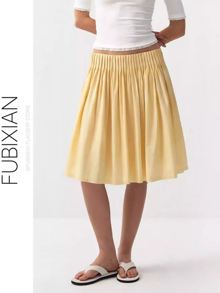 Yellow A-Line Midi Skirt Gentle Style Umbrella Skirt Cotton Material Spring Collection Elegant Atmosphere Half-length Pleated...