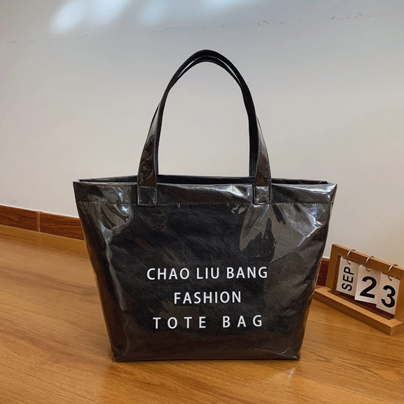 

PVC Kraft Paper Clear Tote Bag,Waterproof Shopping Women Shoulder Bag,Retro Hobo Top-Handle Handbag, Letter Print Large Satchel