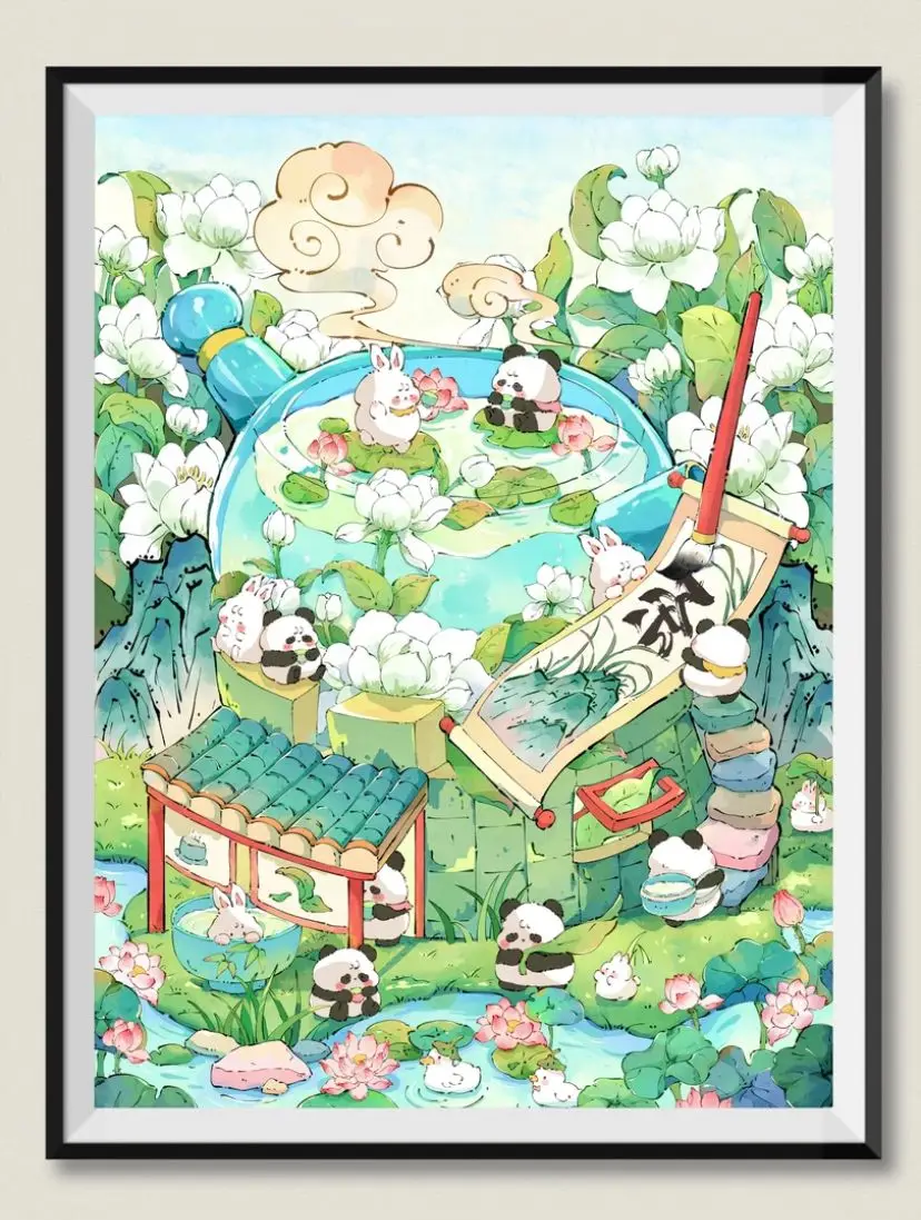 9ct 75X95cm Lotus Pandas Cartoon Pre-Printed Cross Stitch DIY Embroidery Set Handmade Handicraft Floss Needle Crafts