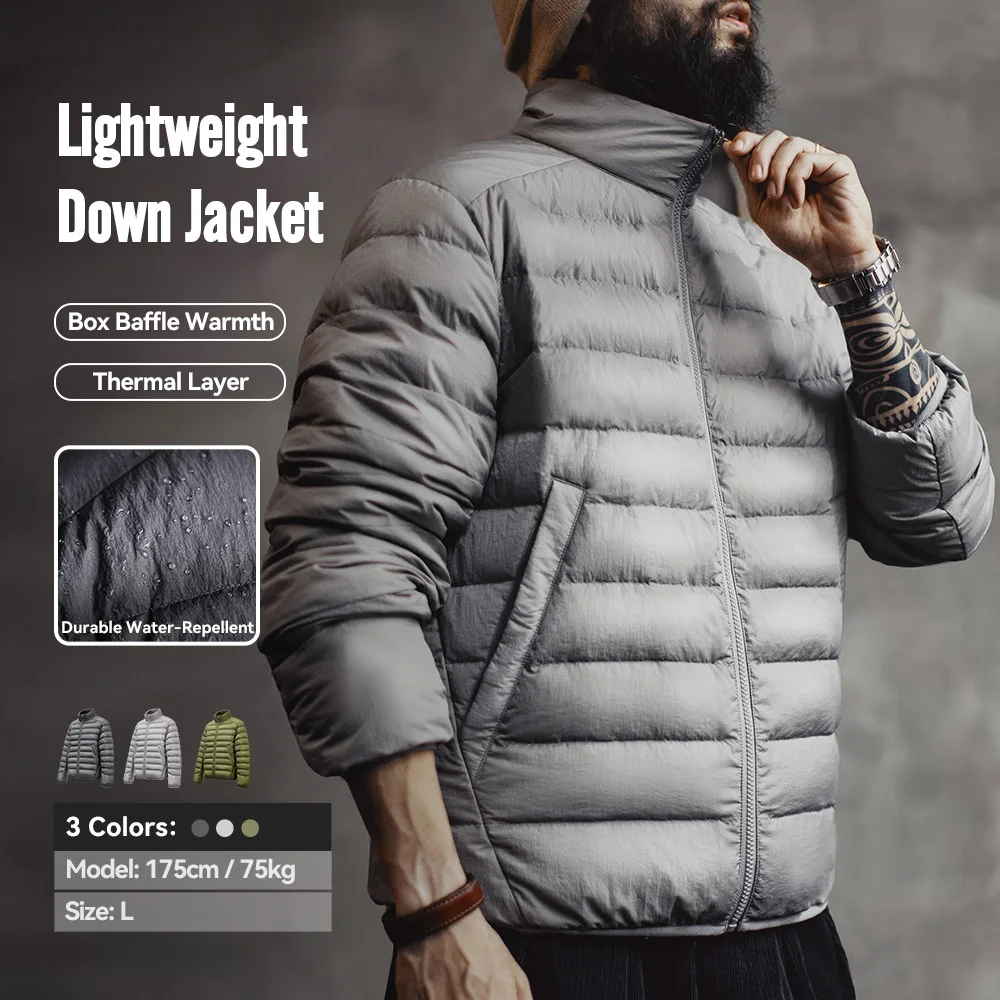 Maden Winter Men's Stand-up Collar Down Jacket Lightweight Hydrophobic White Duck Down Filling Coat Warm Inner Layer for Fall