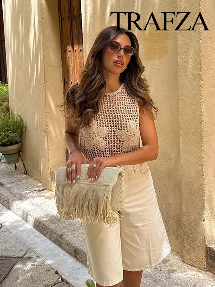TRAFZA Woman Summer Fashion Crew Neck Solid Flower Decoration Hollow Out Knitted Vest Female Simple High Street Sleeveless Top