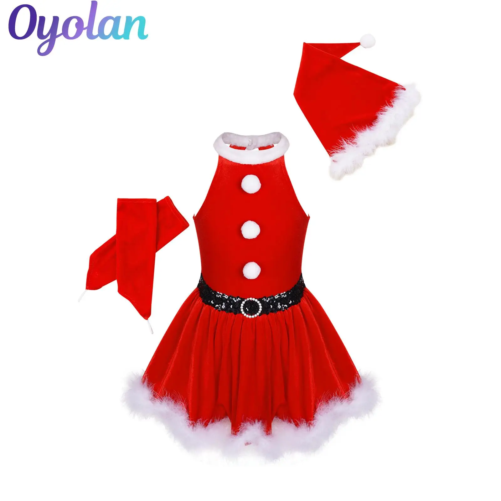 

Girls Christmas Xmas Velvet Santa Claus Dress Up Cosplay Costumes A-line Dress Feather Trim Santa Hat and Gloves Suit