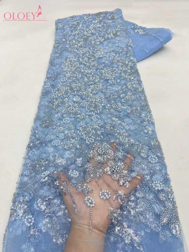 

OLOEY Sky Blue French Tulle Lace Fabric with Sequins Beads for Bridal Dresses Luxury African Nigerian Groom High Quality Lace Ma