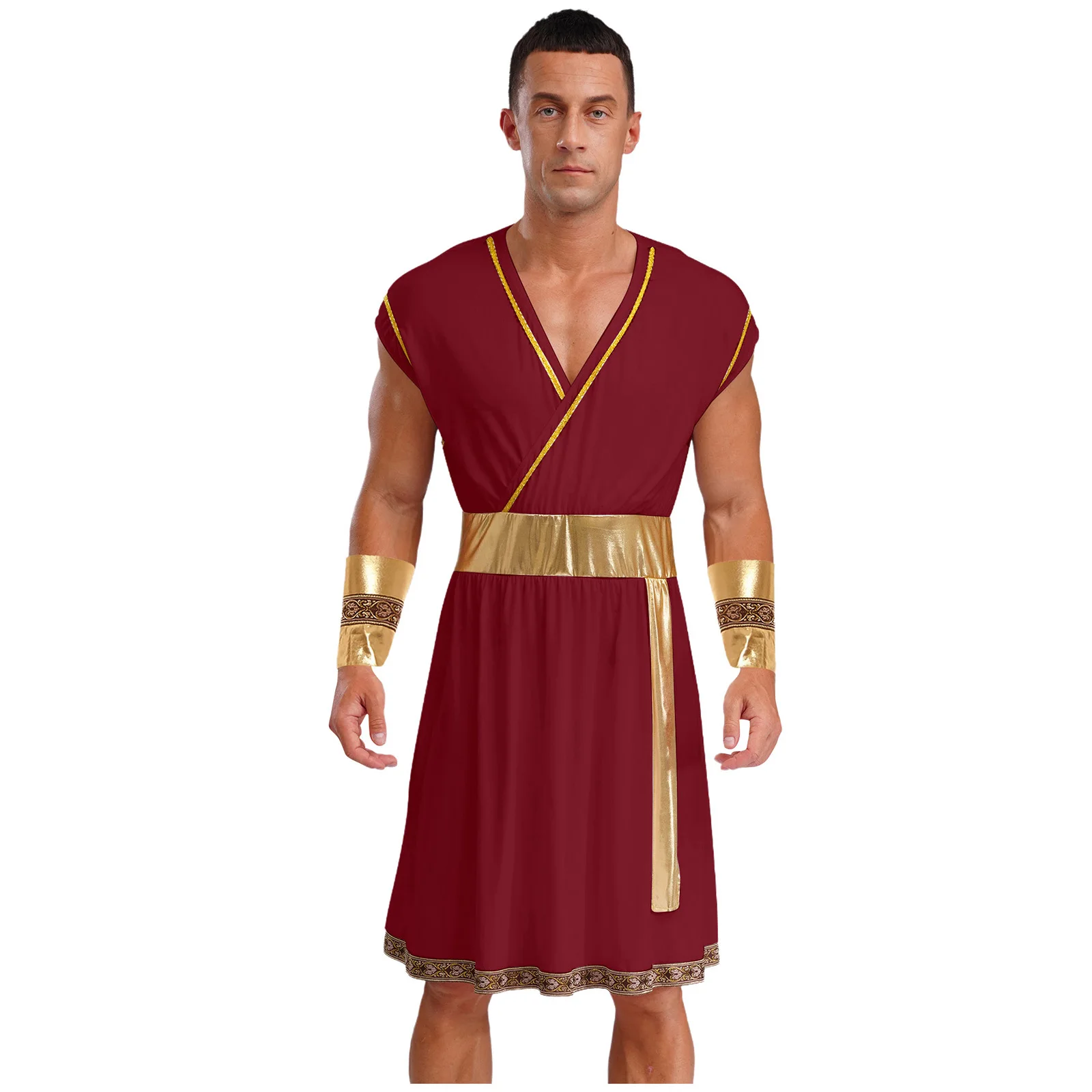 

Men Halloween Ancient Greek Prince Cosplay Performance Costume Sleeveless Golden Braided Trim Metallic Dress Robe with Cuffs Set