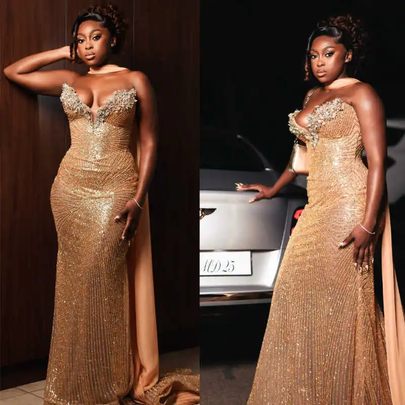 

Exquisite Sequins Evening Dresses Strapless Sweep Train Mermaid Prom Gowns Crystals Formal Occasion Customized Dresses