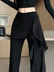 블랙 하이웨이스트 턱시도 팬츠 여성 가을 디자인 감각적인 페이크 투피스 드레이핑 마이크로 플레어 팬츠 캐주얼 롱 팬츠