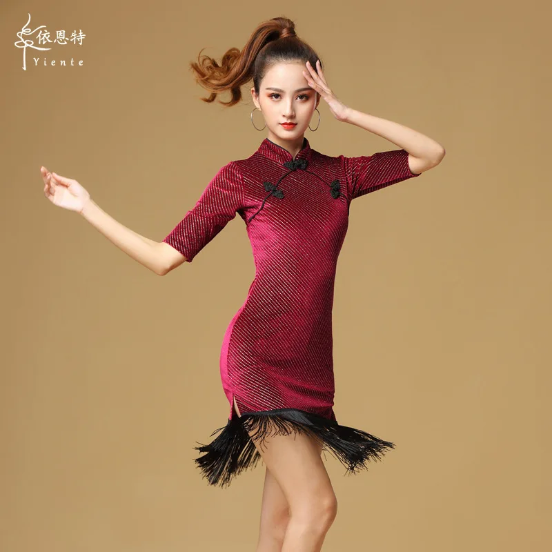 

Adult Latin dance costume female performance dress velvet high slit cheongsam Chinese style tango chacha dance practice suit