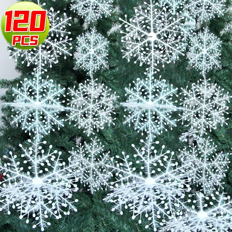 30-120PCS White Christmas Snowflakes Ornaments Xmas Tree Wreath Hanging Pendents Artificial Glitter Snow Flake Home Decoration