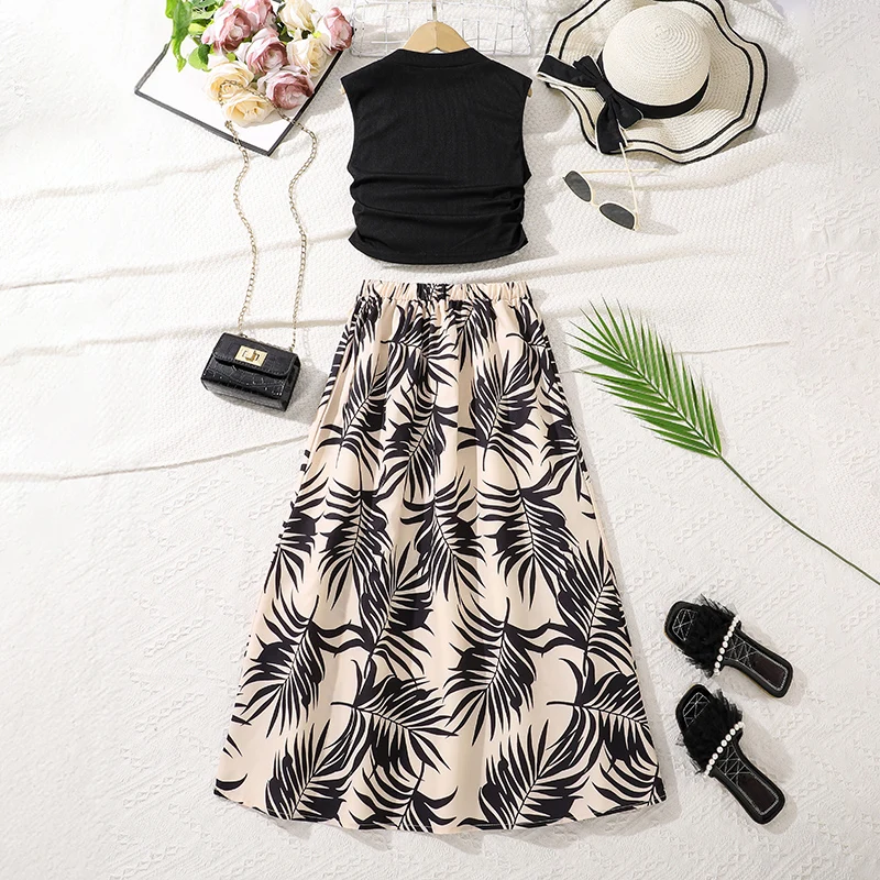 مجموعات نمط العطلة السوداء أنيقة سوداء محبوكة تانك القمم وتنورة مقسمة توين الفتيات الزي 8-12 سنة الاطفال الدعاوى اليومية الصادرة #2