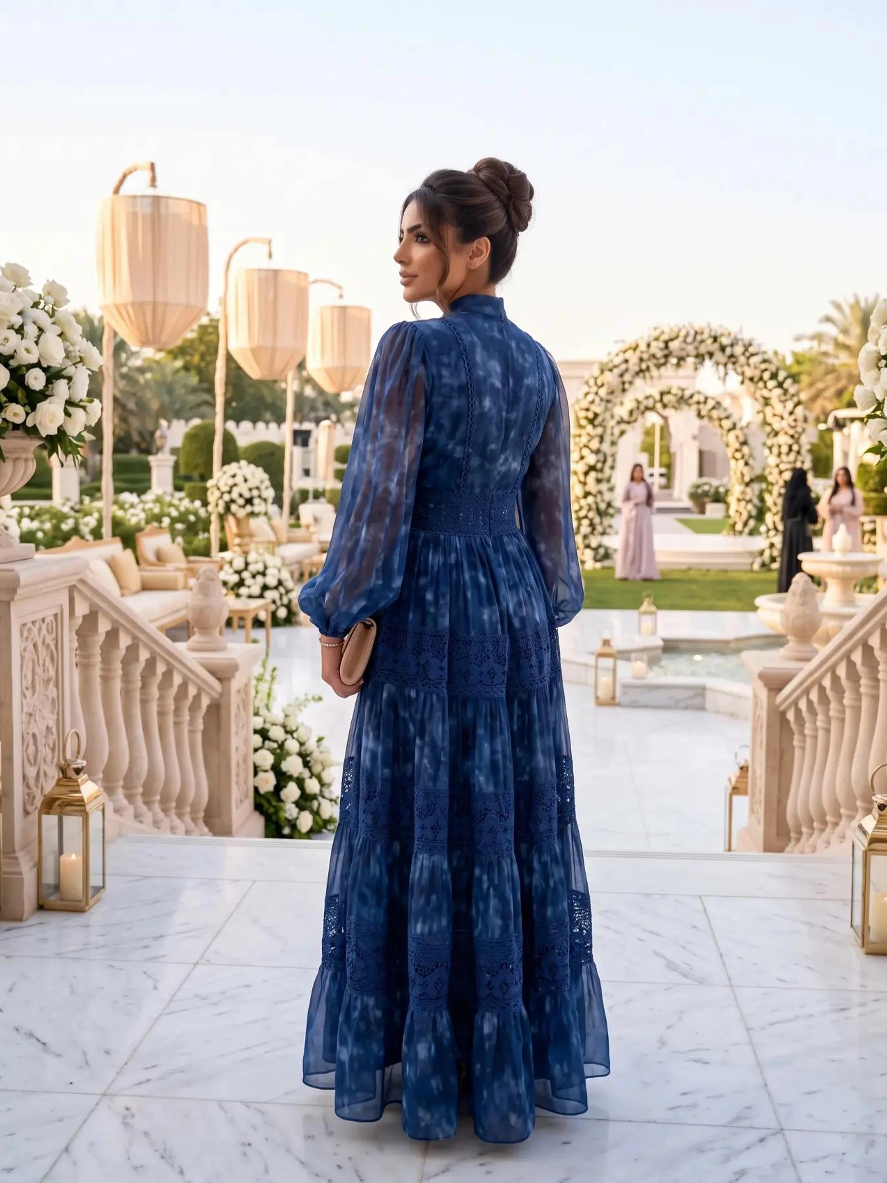 Navy Blue Evening Dresses Stand Collar Puff Long Sleeve Print Lace Patchwork A‑Line Floor Length Modest Party Gowns Customized