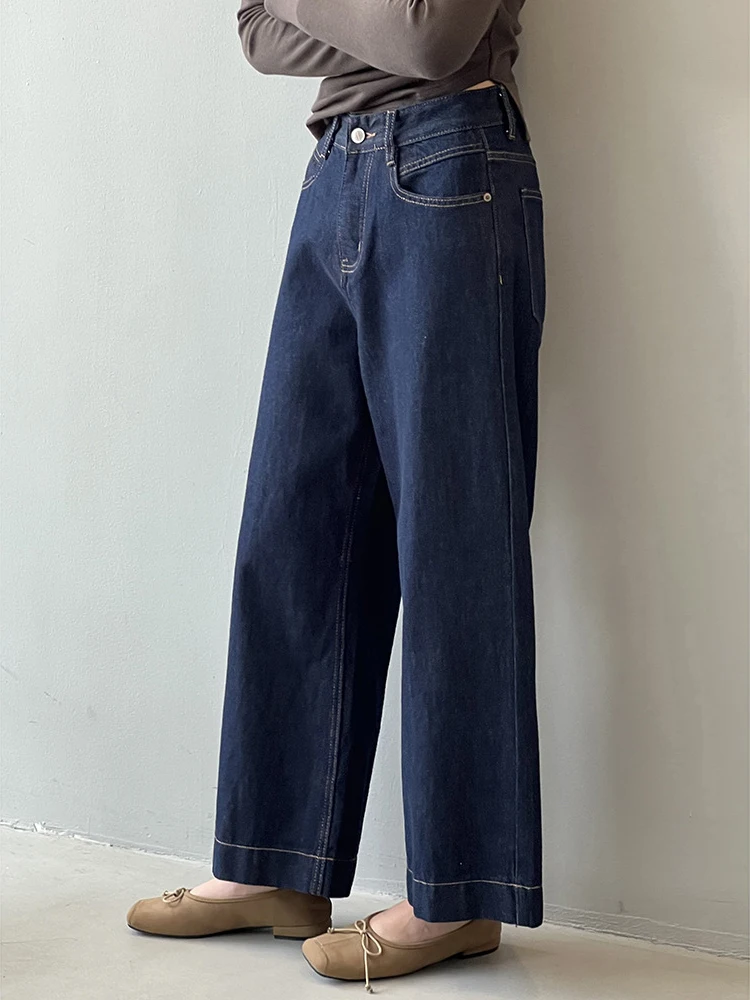 [LANMREM] Washed High Waist Jeans For Women Straight Office Lady Wide Leg Denim Pants Fashion Trousers 2024 Autumn New 26C501