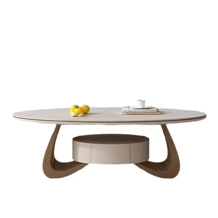 

ls 51 Light luxury living room with drawer coffee table household Italian small apartment simple oval rock slab tea table