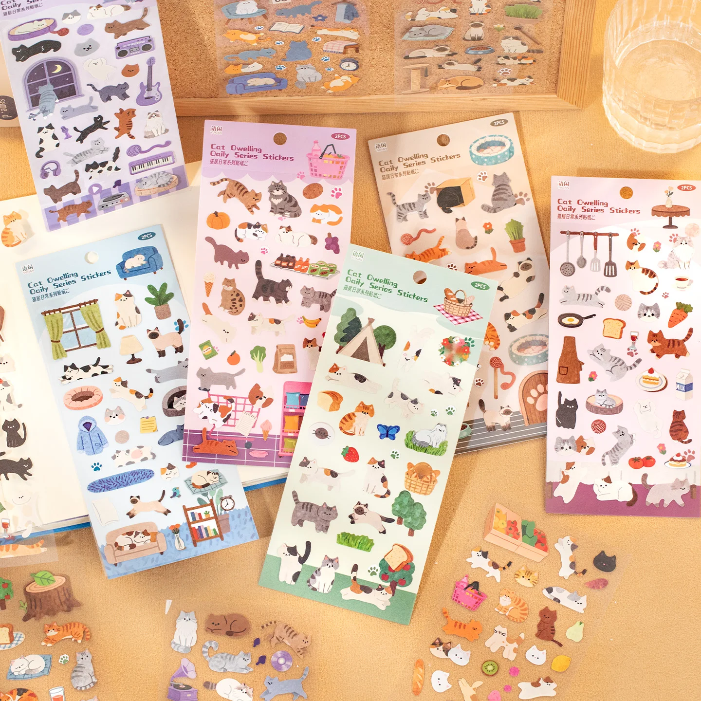 

6bags Cute Cat Daily Theme Stickers Hand Account Vinyl For DIY Journal Scrapbooking Phone Case Decoration Birthday Gifts