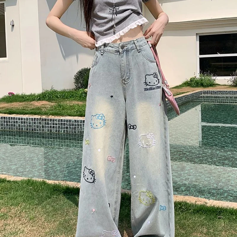 سانريو مرحبا كيتي أنيمي الجينز بنطلون للنساء صيف 2025 جديد الكورية موضة عالية الخصر مستقيم الرجعية عادية الدينيم السراويل