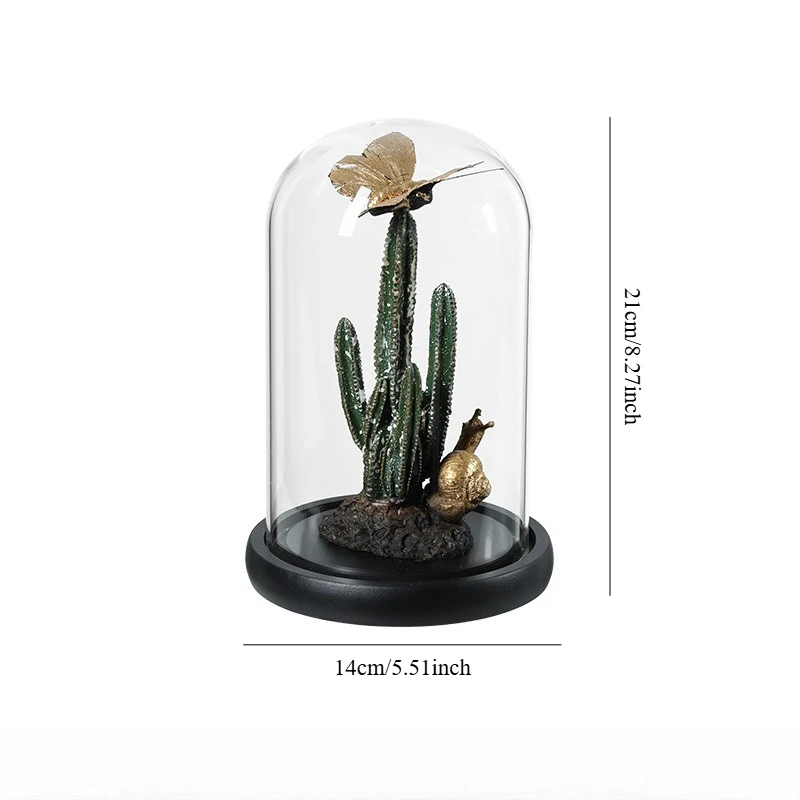 Creative Glass Cloche Cover Cactus Ornament with Golden Butterfly and Snail Figurine Desktop Decor for Home Foyer & Living Room