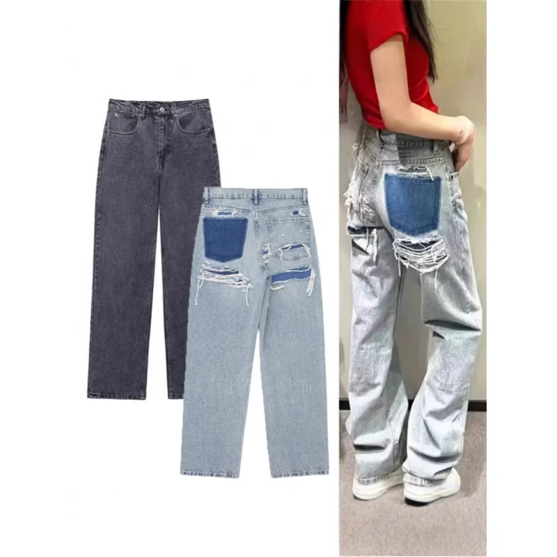 

New 2025 Spring and Summer Retro Washed Ripped Color Matching Pocket Loose Straight Wide Leg Jeans Women