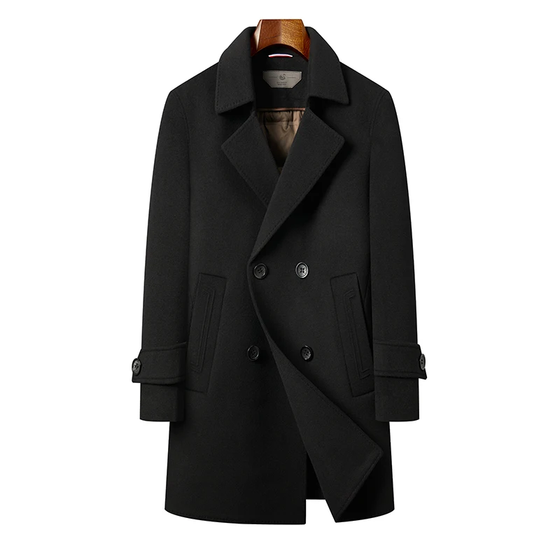 Subtle Luxury Men Elegant Cashmere Overcoat Black Coffee Double Breasted Design Basic Coat Goose Down Vest Lining Topcoat Winter