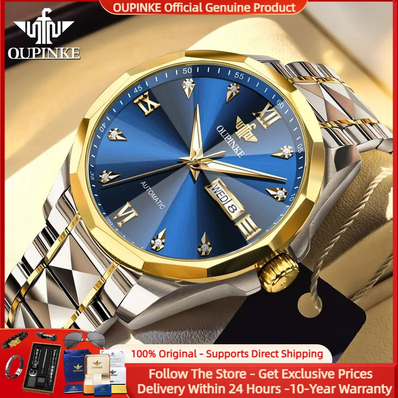 

OUPINKE 3313, мужские часы, элитный бренд, мужские автоматические механические часы, сапфировые ромбические зеркальные часы из вольфрамовой стали с двойным календарем