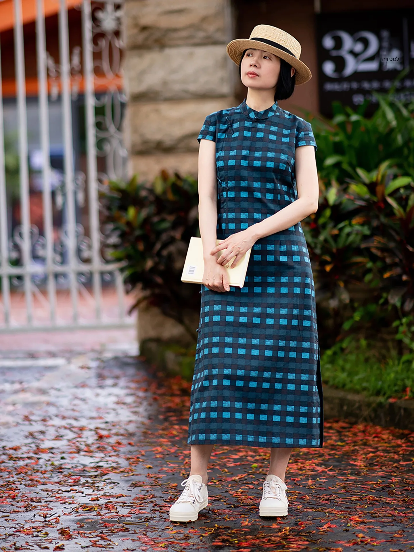 

Ele Pure Cotton Plaid Stand Collar Daily Dr Women's Summer Faionable Retro Sle ort Sve Low Slit