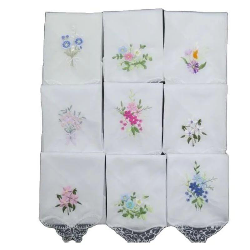 3PCS Luxury 100%Cotton Women Hankies Embroidered Lace Flower Hanky Floral Random Color Ladies Handkerchief for Christmas gift