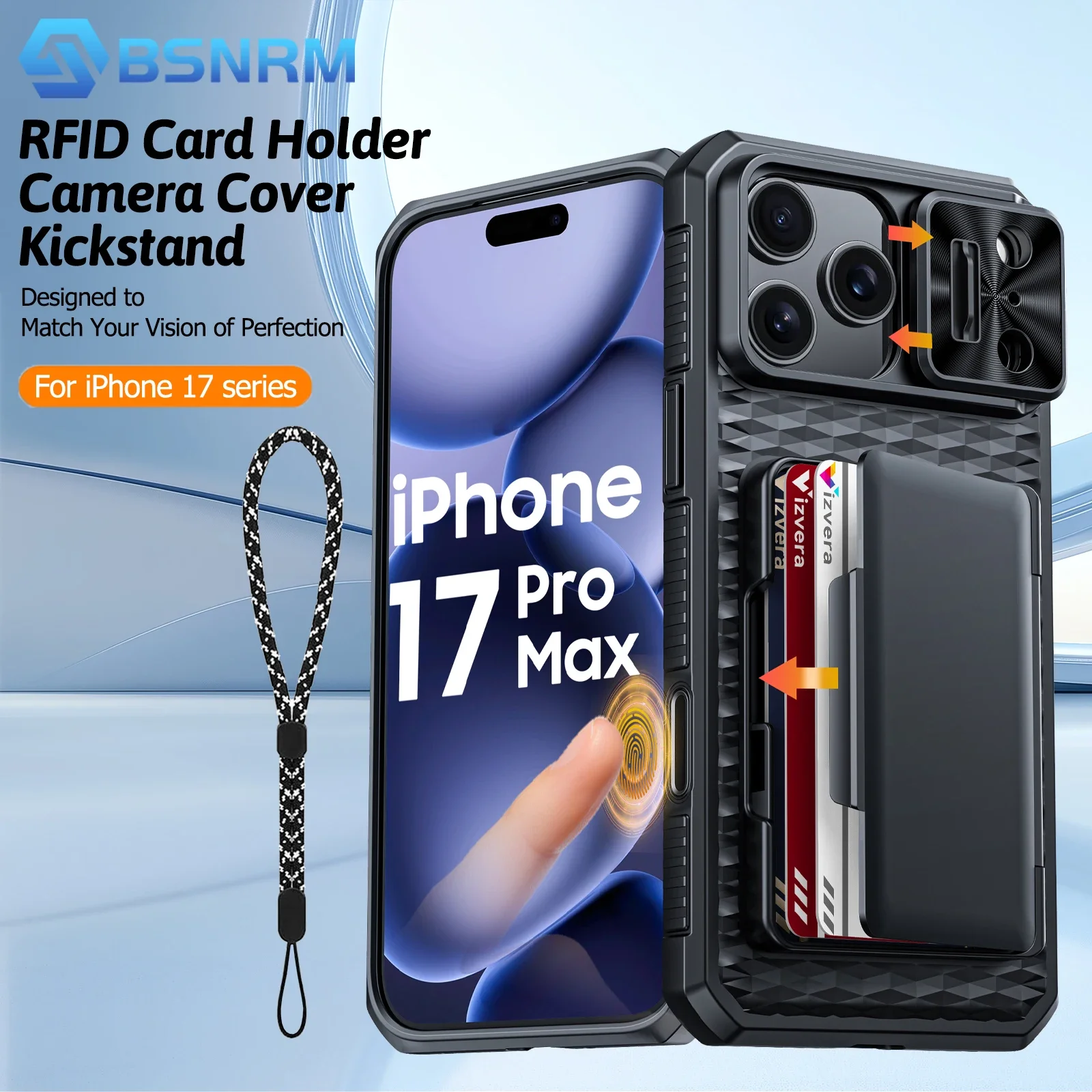 

Чехол для iPhone 17 Pro/17 Pro Max, кошелек — защитный чехол для всего тела с держателем для карт (4 карты), чехол для камеры и подставка, черный