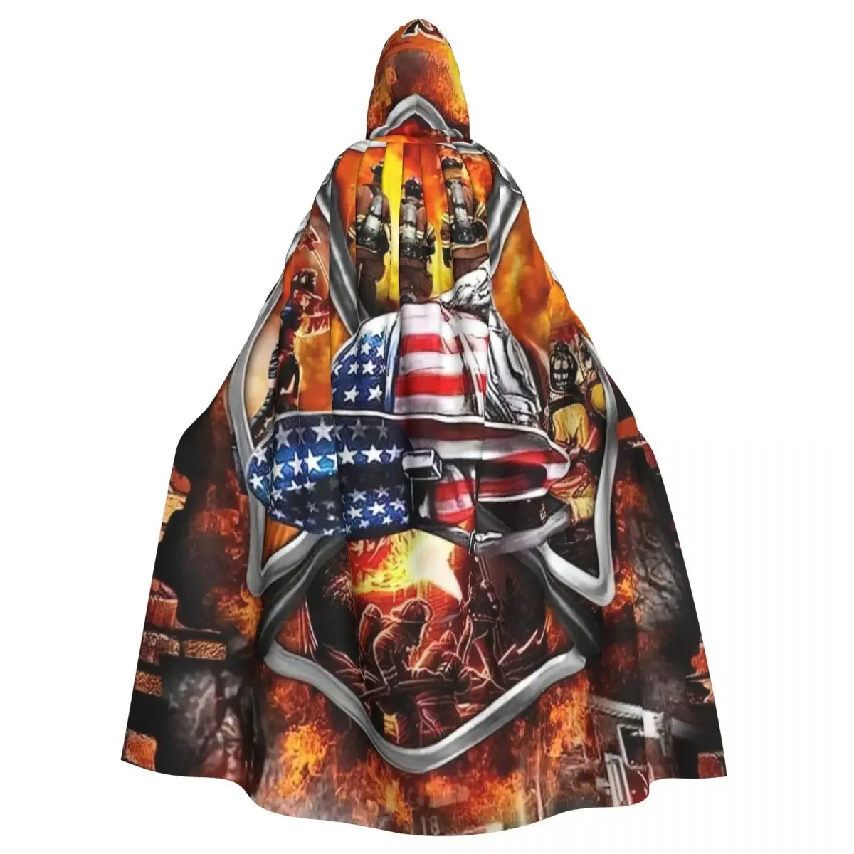 

American Firefighter Hooded Cloak Halloween Party Cosplay Woman Men Adult Long Witchcraft Robe Hood
