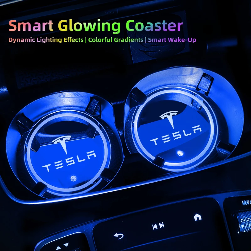 Car Coaster Pad Colorful Led Atmosphere Light Water Cup Mat Sticker For Tesla Model Y Juniper Model 3 Model S Model X SpaceX view 5