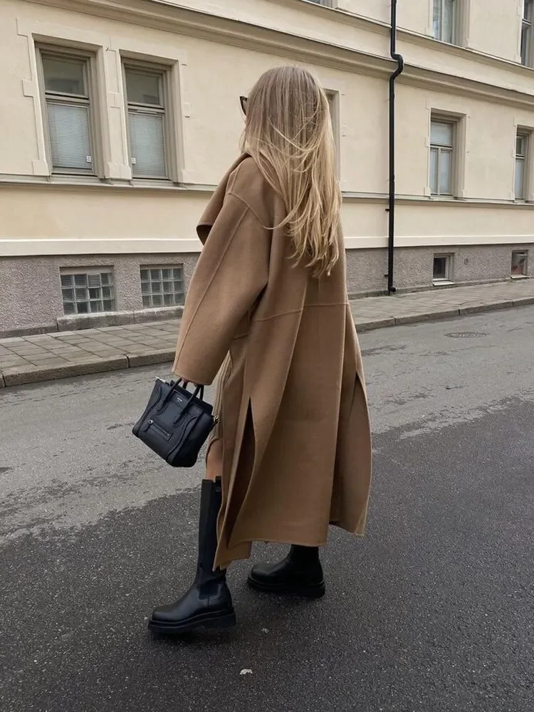 Split Wool Blends Long Overcoat Female\'s Solid Lapel Cardigan Maxi Coat 2023 Autumn Long Sleeve Ladies Street Chic Outerwear