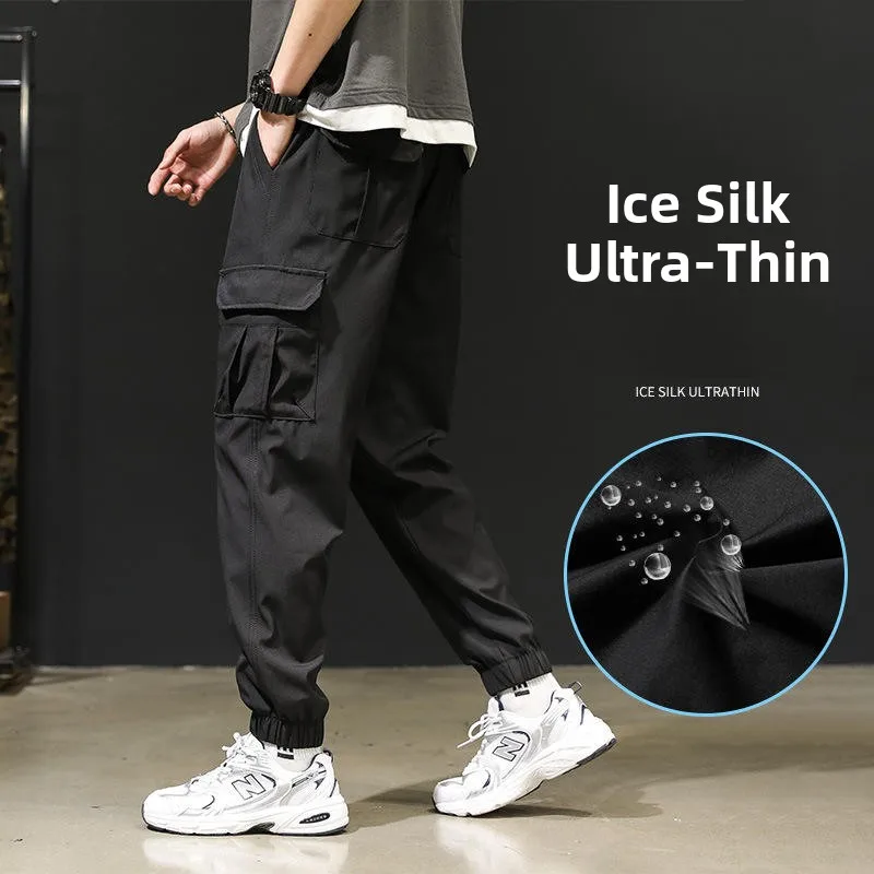 

Мужские летние тонкие рабочие брюки из ледяного шелка с высокой талией, прямые брюки, повседневные брюки Qui Dry Faionable, большие размеры, Spor Sle