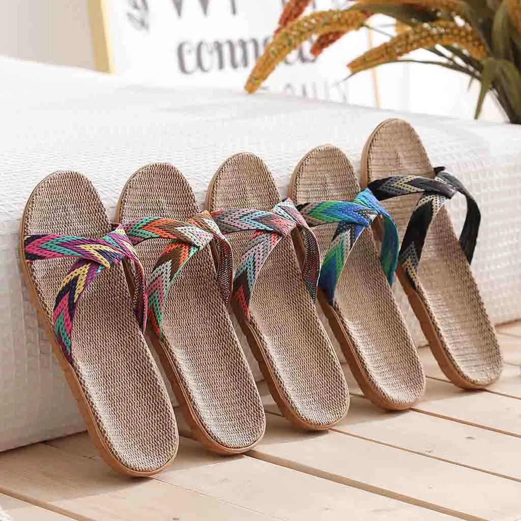 

Women Summer Casual Slides Comfortable Flax Slippers Floral Bow Linen Flip Flops Platform Sandals Ladies Indoor Shoes Bohemia