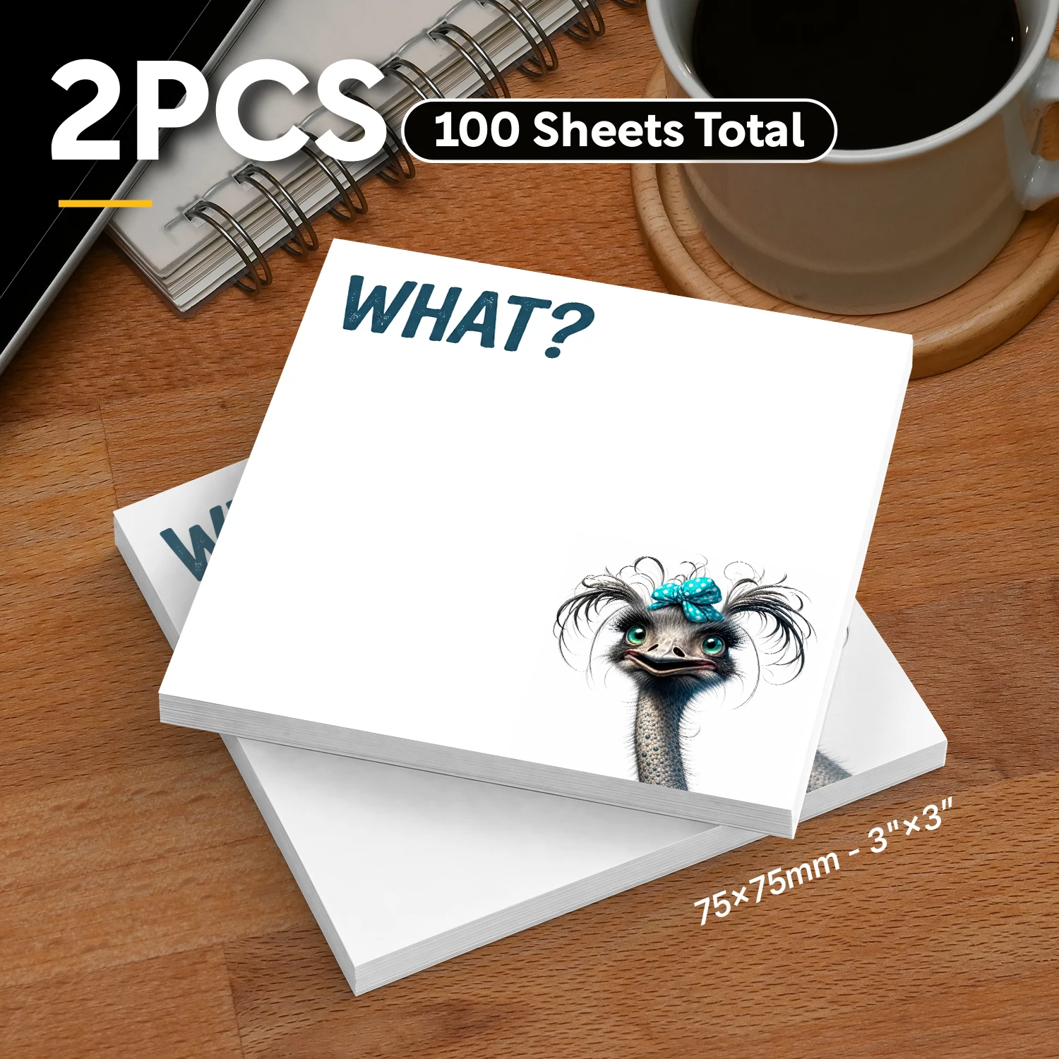 2pcs Funny Ostrich Meme Sticky Notes, “WHAT?” Viral Animal Self Stick Memo Pads, 100 Sheets Total, Cute Weird Bird Notepad
