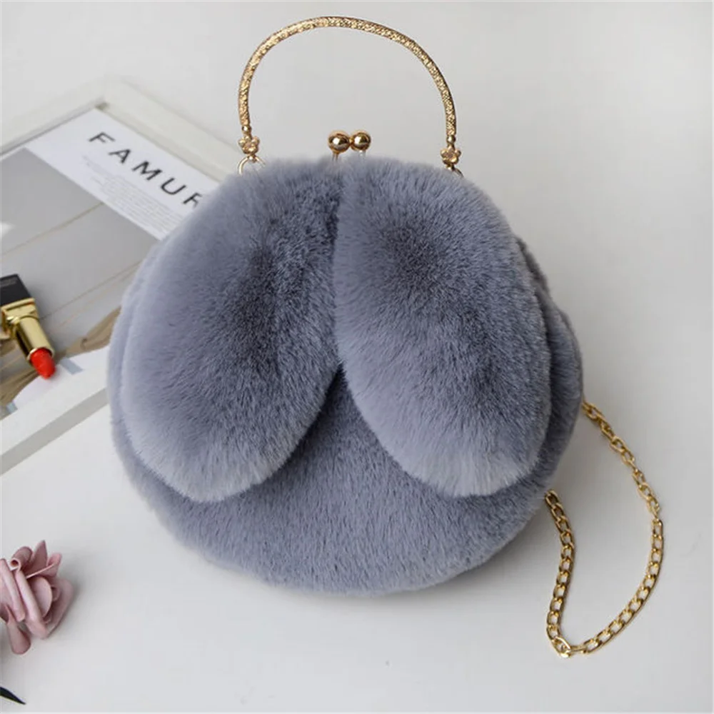 Cute Warm Winter Faux Fur Crossbody Bags for Girl Women Plush Handbag Lady Shoulder Bags Long-Eared Rabbit Messenger Bag