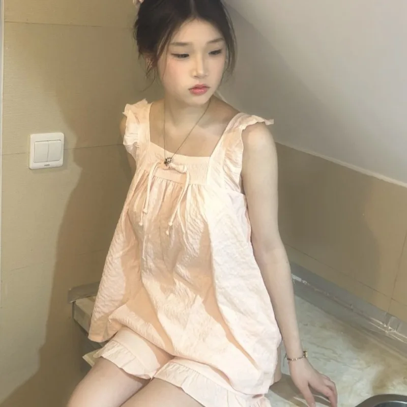 

Square Collar Sleepwear Women Pajama Sets Korean Piiama Sleeveless Female Sets 2 Pieces Night Wears Ruffles Cute Home Suit 2025