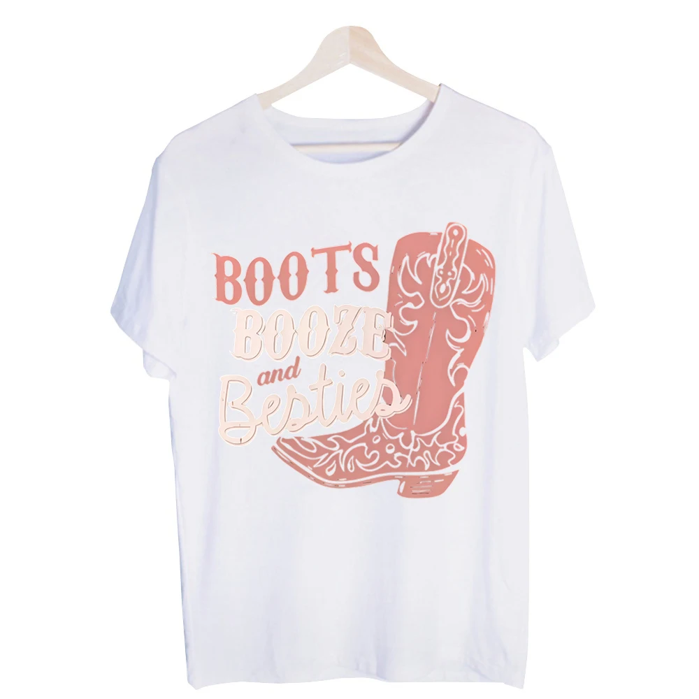 Women's Cowboy Boot and Slogan Print Graphic Tee, Western Style Short Sleeve Shirt for Casual Gatherings