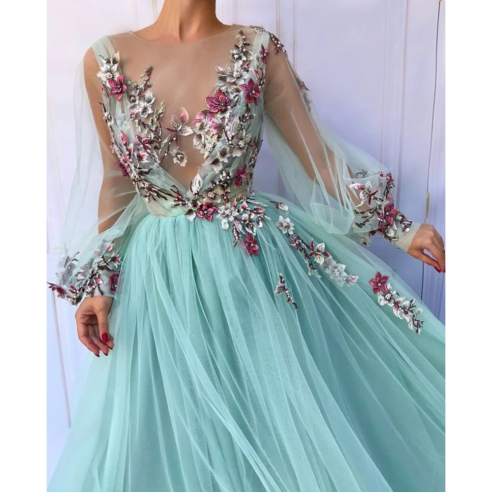 Ilussion Appliques Organza Formal Evening Dress Long Sleeve Floor Length Special Occasion Gowns Elegant Women Luxury Dresses