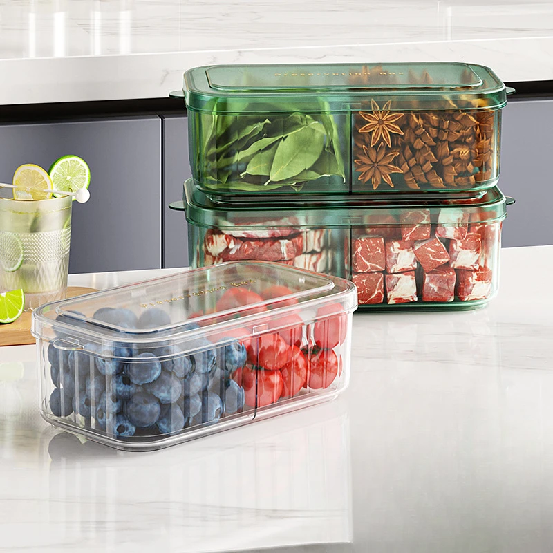 Kitchen Refrigerator Rectangular Double Compartment Fresh-Keeping Box, Fruit Storage Sealed Box, Picnic Portable Meal Box