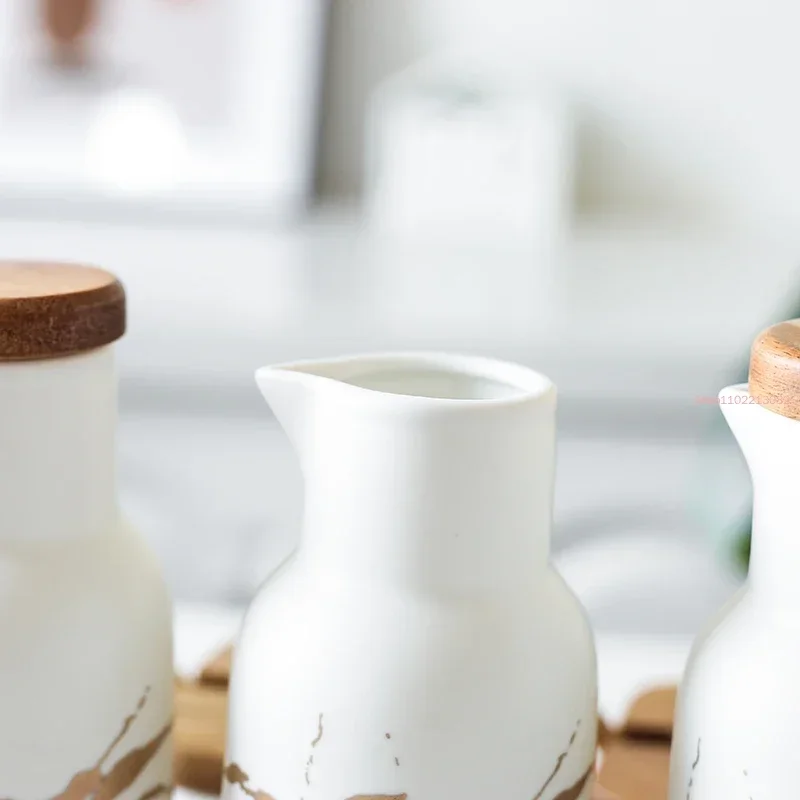 Ceramics Marble Pattern Oiler Soy Sauce Vinegar Bottle Restaurant Seasoning Pot Home Kitchen Tools Seasoning Jar Set Combination