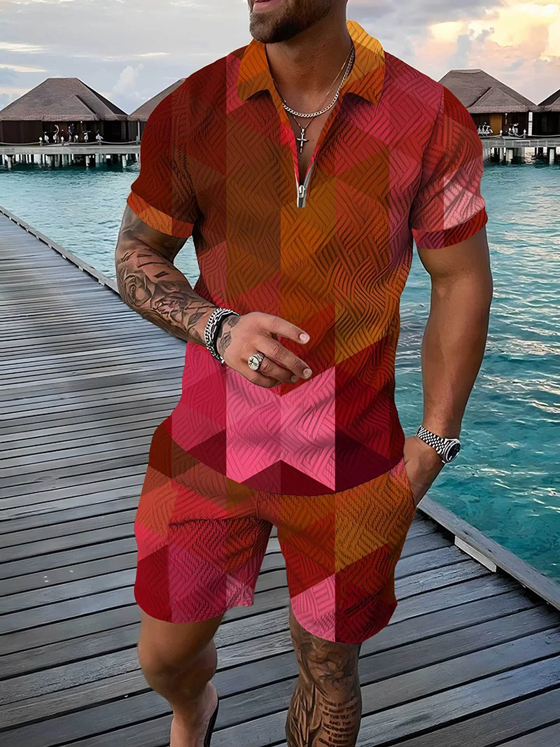 

3D Color Geometry Print Men's Polo Shirt + Shorts Sets Fashion Zipper Polo Top 2 Piece Outfit Summer Trend Casual Loose Tee Suit