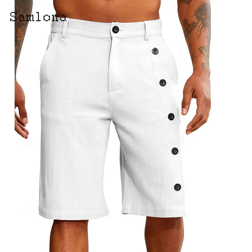 Plus Size Mens Vintage Stand Pocket Cotton Linen Shorts Male Casual Beach Half Pants Solid White Khaki Multi-buttons Shorts New