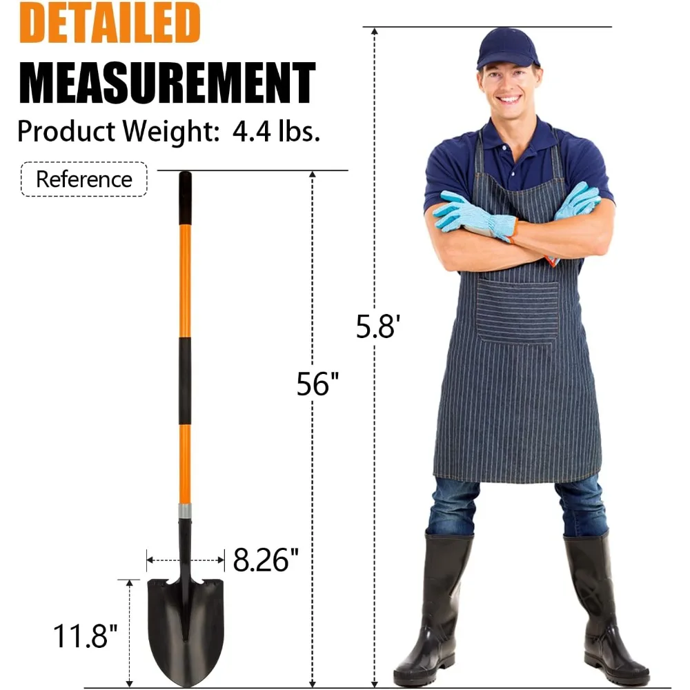 Сверхмощная садовая лопата, 56-дюймовое круглое лезвие с ручкой из стекловолокна для взрослых - эффективный инструмент для копания