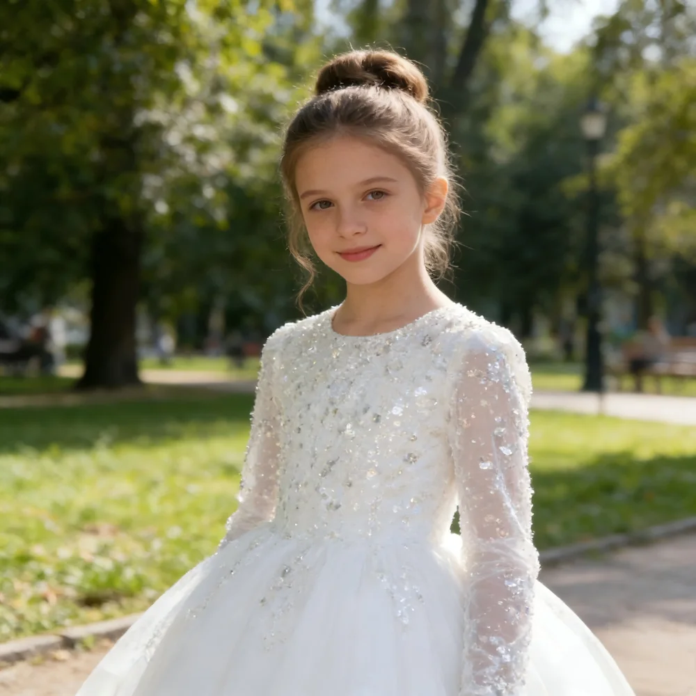 Gown Flower Girl Tutu Model Piano Kids Sequin Birthday Whiete Dress Clothes Children Girls Host PrincessPerformance Costume