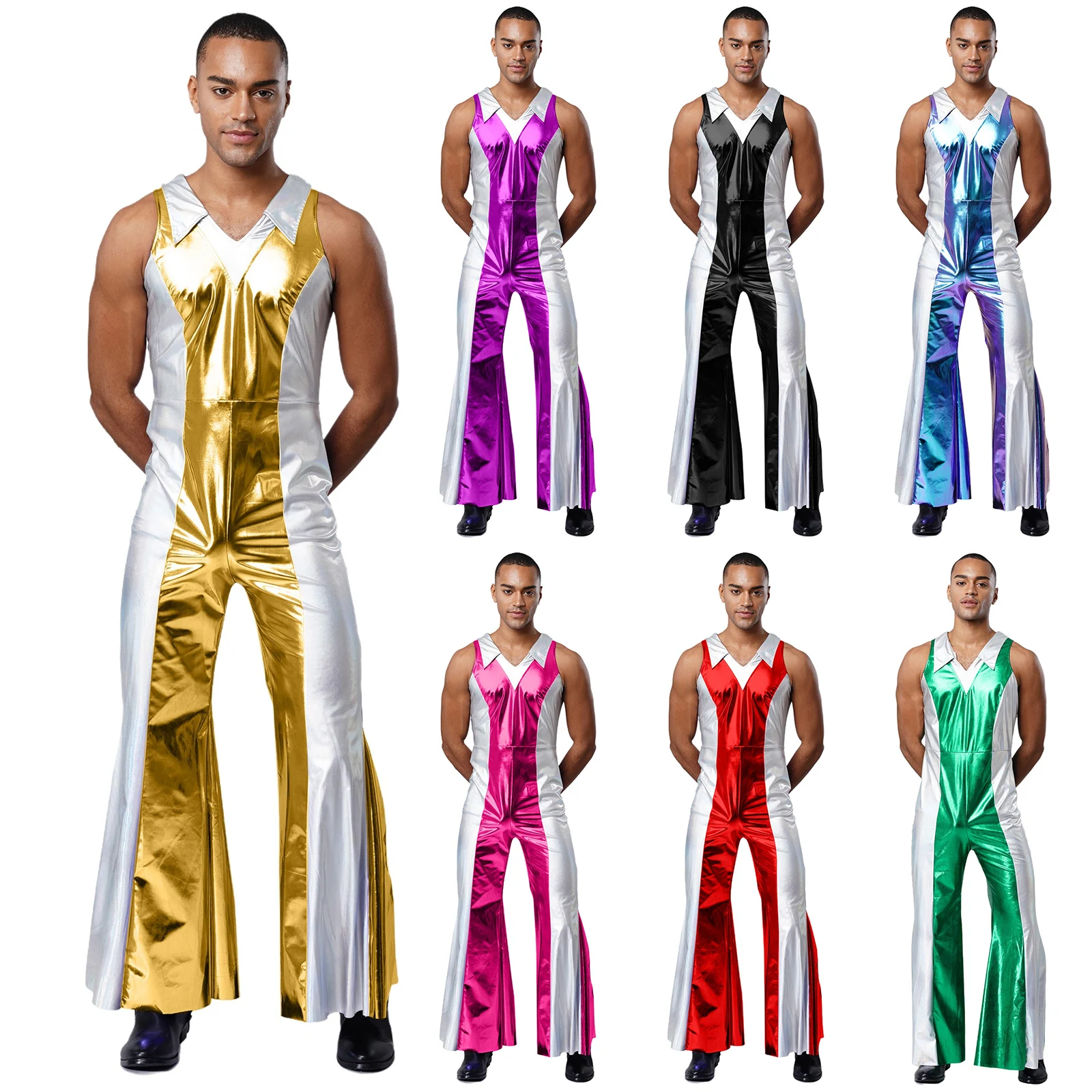 Męski stylowy metaliczny kombinezon taneczny bez rękawów z rozszerzanymi długimi nogawkami, idealny na Halloween, imprezy, przebrania astronauty lub kosmity.
