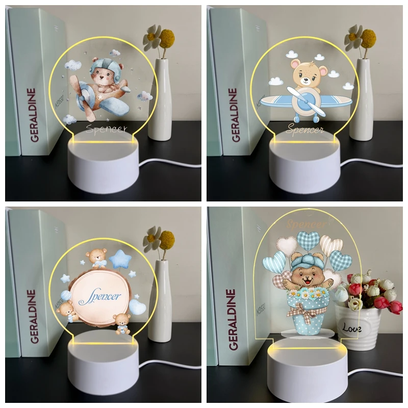 

Lovely Bears flying planes custom Led Night Light with baby name Personalized Table Lamp for bedroom decor