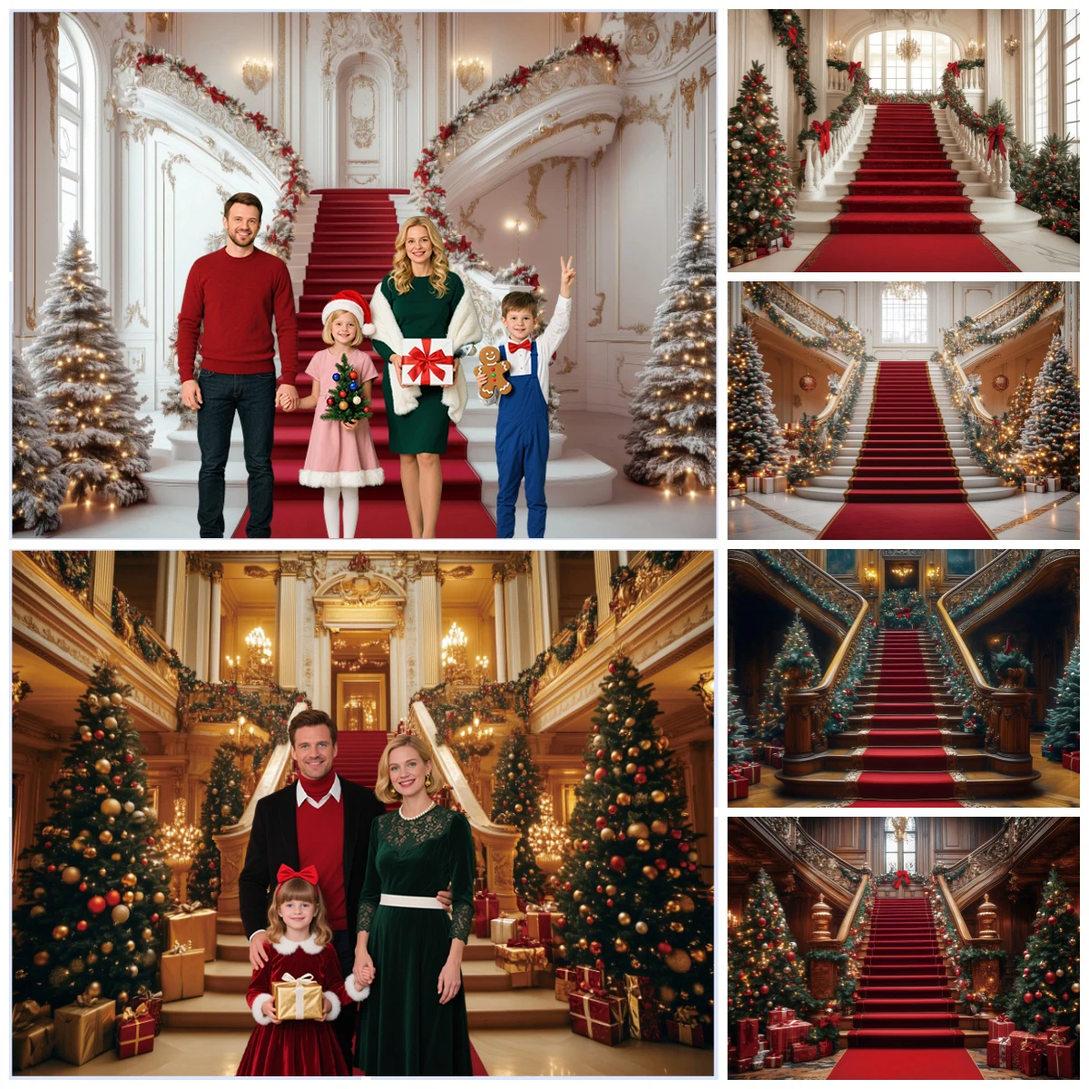 عيد الميلاد الفاخرة قصر الدرج خلفية السجادة الحمراء Xmastrees هدية أكوام مذهب أنيقة احتفالية ديكور التصوير الخلفيات
