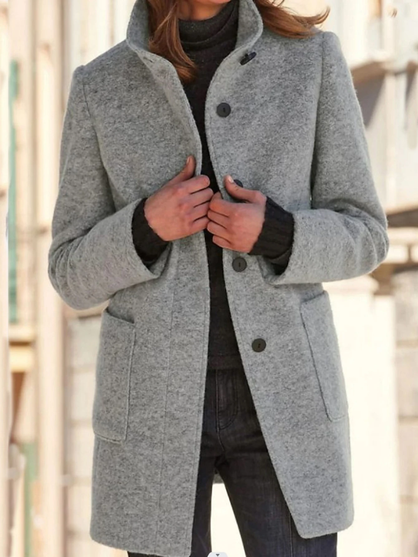 

Women's Coats Autumn Winter Fashion Casual Solid Color Long Sleeve Single Breasted High Neck Daily Basic Coats